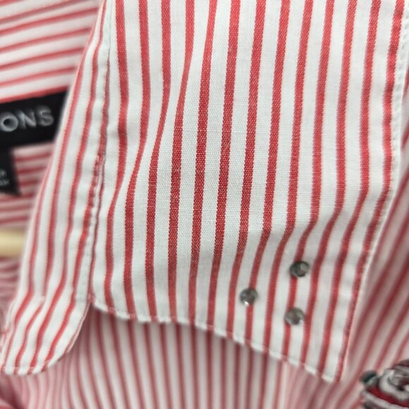 Impressions Red White Striped Santa Holiday Embroidered Button Up Shirt Size 14 - Picture 10 of 11
